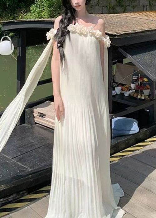 Floral Beige Slash Neck Solid Chiffon Maxi Dresses Summer