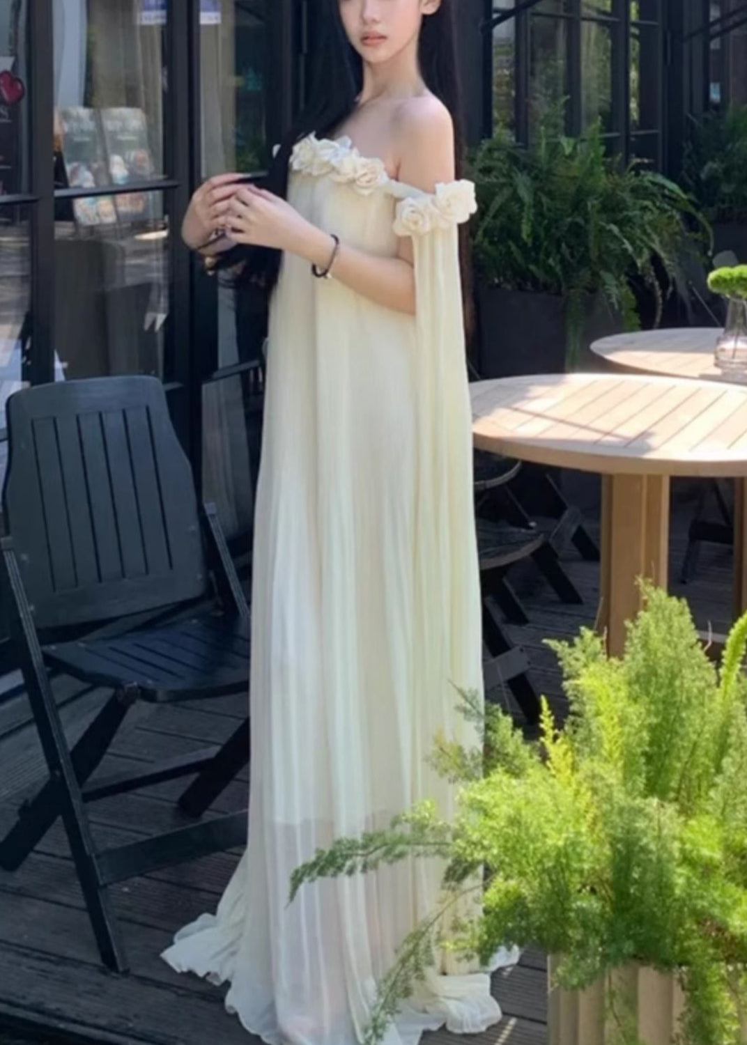 Floral Beige Slash Neck Solid Chiffon Maxi Dresses Summer