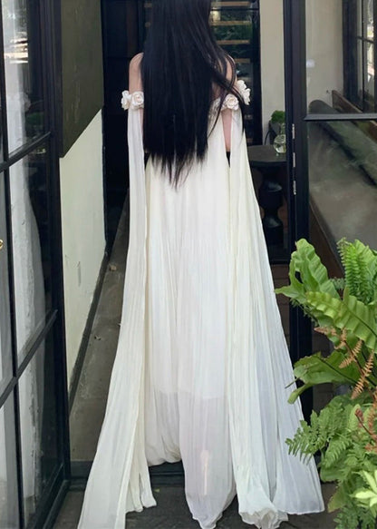 Floral Beige Slash Neck Solid Chiffon Maxi Dresses Summer