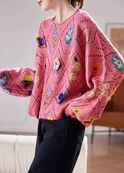 Floral Blue O-Neck Hollow Out Knit Sweaters Batwing Sleeve