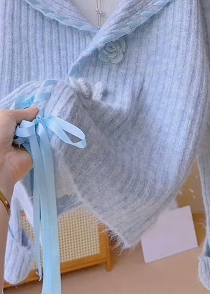 Abrigos de punto con cuello Peter Pan y cordones florales azules para primavera