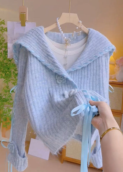 Abrigos de punto con cuello Peter Pan y cordones florales azules para primavera