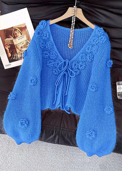 Floral Blue V Neck Lace Up Cozy Knit Cardigans Fall