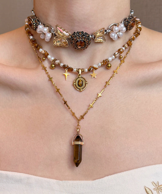 Floral Brown Tiger's Eye Pearl Butterfly Titanium Steel Three Piece Set Pendant Necklace