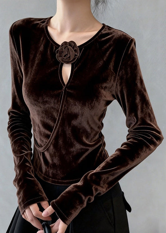 Camiseta de terciopelo de seda con cuello redondo y estampado floral de café para invierno