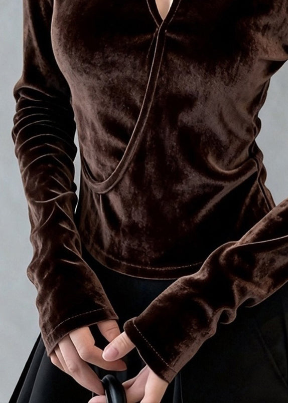 Winter-T-Shirt aus Seidenvelours mit Blumenmuster und Rundhalsausschnitt, verziert mit Kaffeemotiven, für den Winter