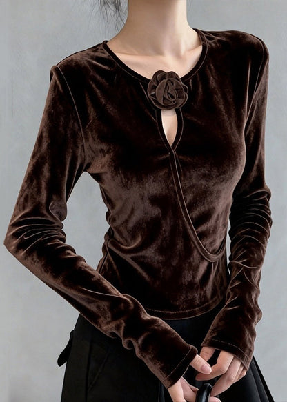 Winter-T-Shirt aus Seidenvelours mit Blumenmuster und Rundhalsausschnitt, verziert mit Kaffeemotiven, für den Winter