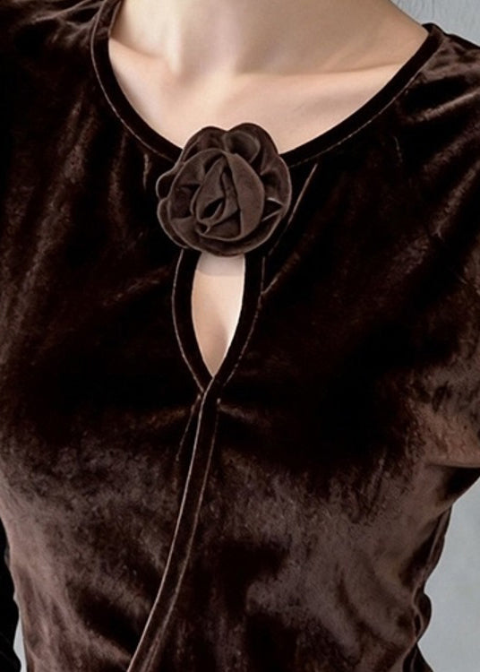 Winter-T-Shirt aus Seidenvelours mit Blumenmuster und Rundhalsausschnitt, verziert mit Kaffeemotiven, für den Winter