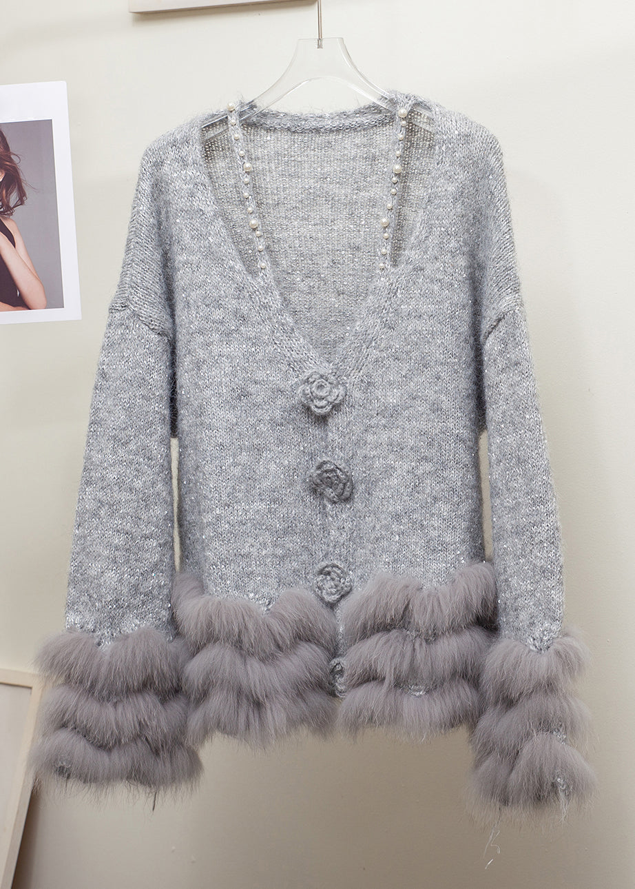 Suéteres de punto con cuello en V, piel de zorro y perlas, estampado floral gris, para invierno