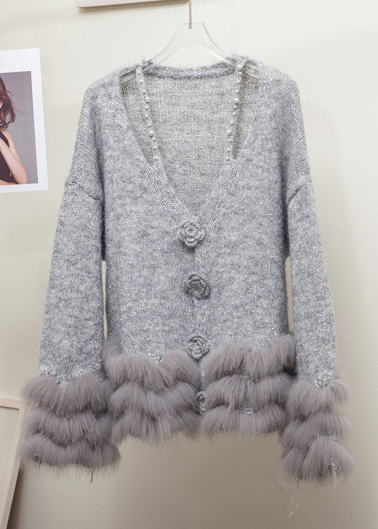 Suéteres de punto con cuello en V, piel de zorro y perlas, estampado floral gris, para invierno
