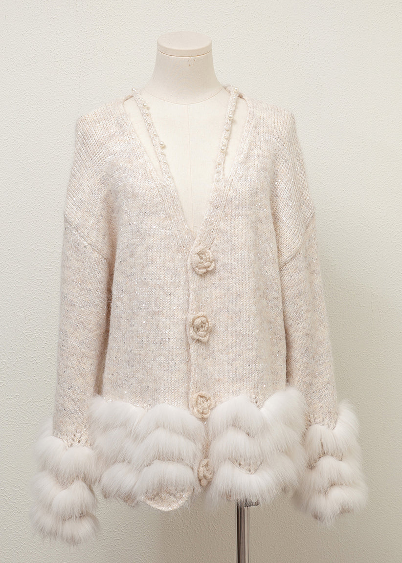 Suéteres de punto con cuello en V, piel de zorro y perlas, estampado floral gris, para invierno