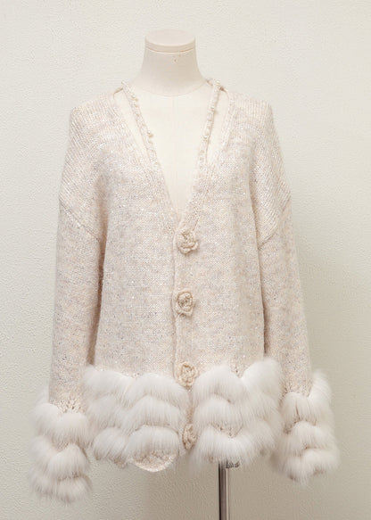 Suéteres de punto con cuello en V, piel de zorro y perlas, estampado floral gris, para invierno