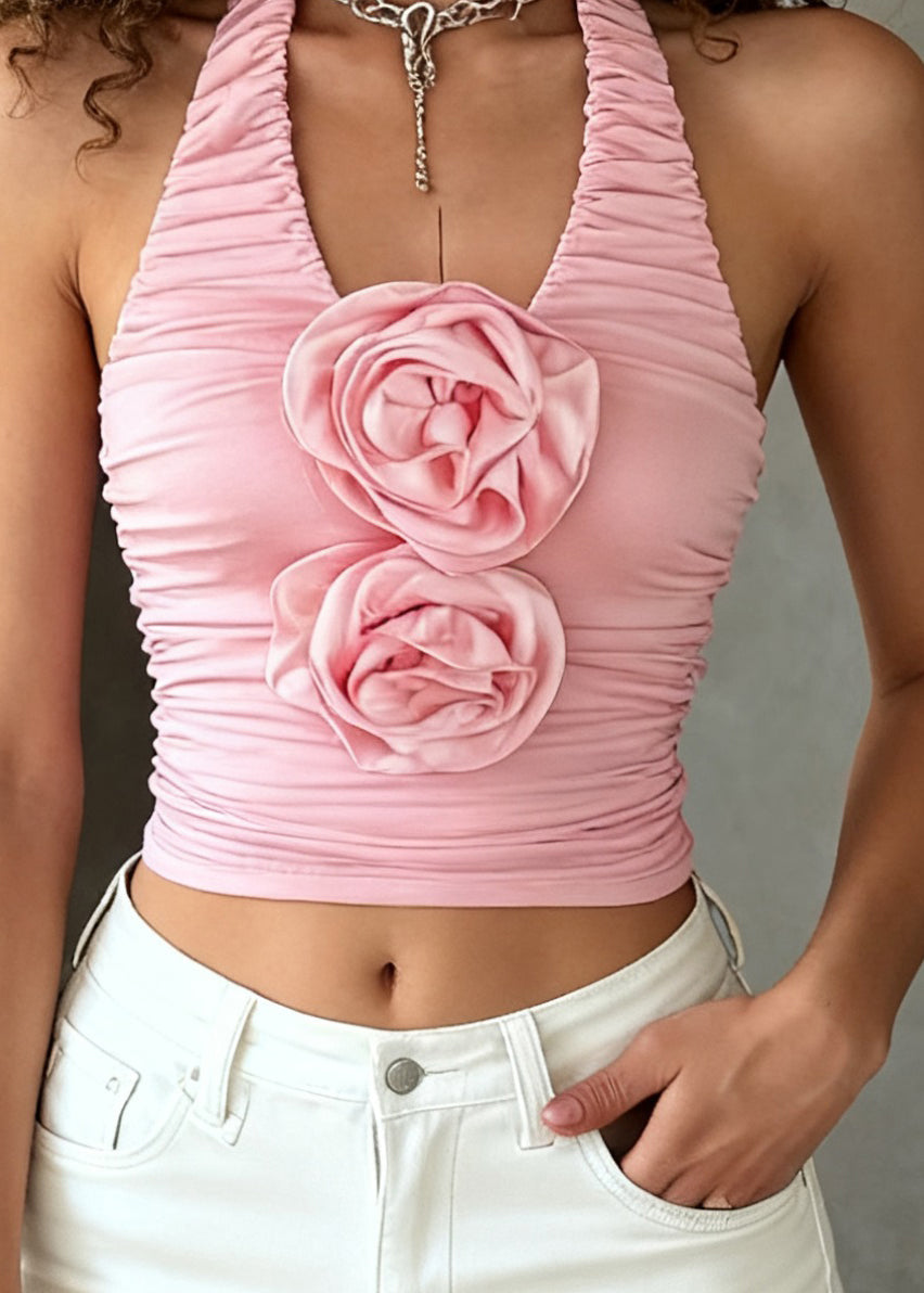 Floral Pink Backless Wrinkled Cotton Tank Sleeveless