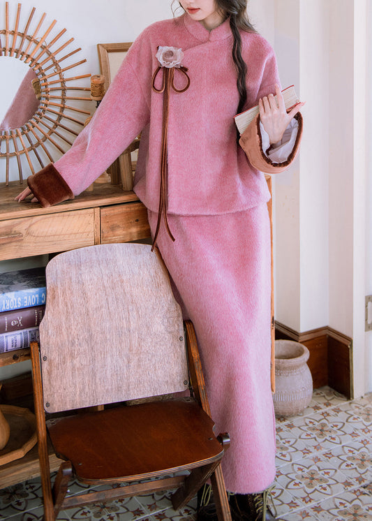 Conjunto de dos piezas de lana con cuello de piel rosa floral, abertura lateral y faldas de invierno