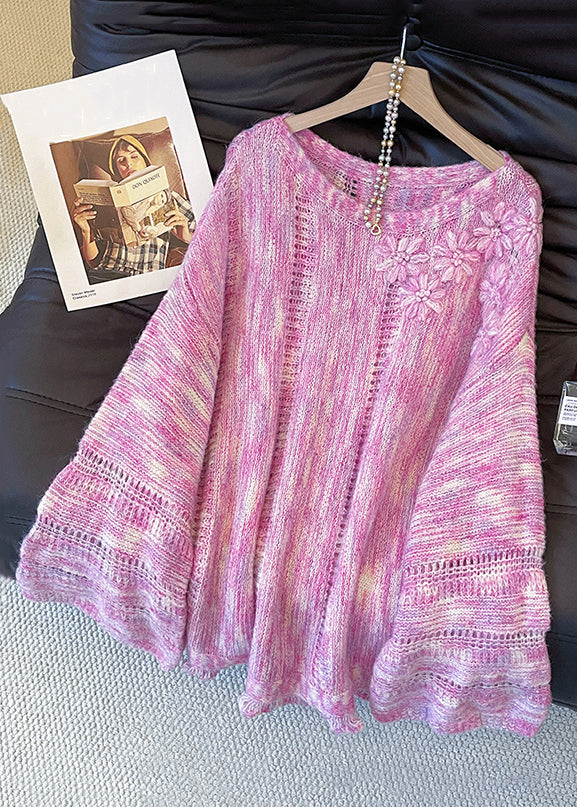 Floral Pink Hollow Out Cozy Knit Sweater Tops Fall