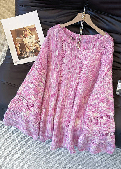 Floral Pink Hollow Out Cozy Knit Sweater Tops Fall