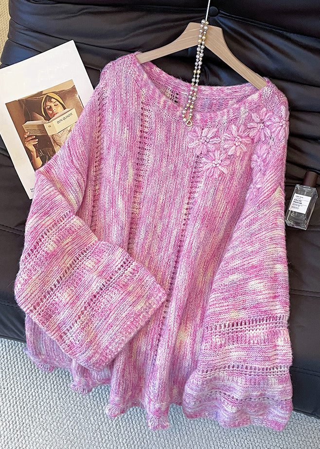 Floral Pink Hollow Out Cozy Knit Sweater Tops Fall