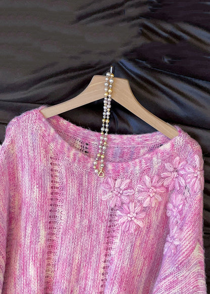 Floral Pink Hollow Out Cozy Knit Sweater Tops Fall