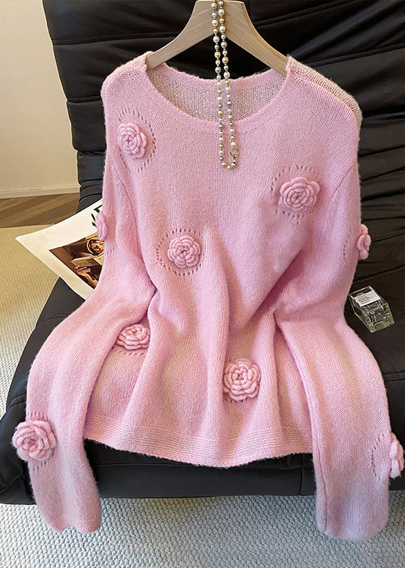 Floral Pink O Neck Hollow Out Cozy Knit Sweater Fall