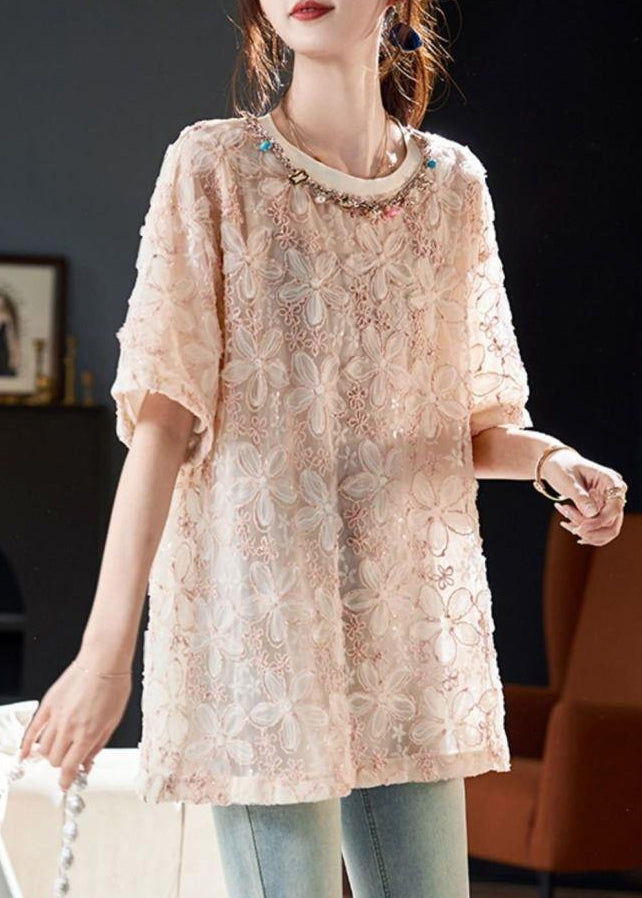 Rosa Pailletten-T-Shirt mit Blumenmuster und Rundhalsausschnitt aus Tüll für den Sommer