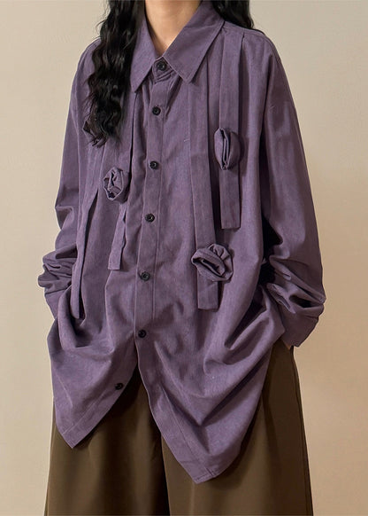 Floral Purple Peter Pan Collar Button Solid Cotton Blouses Spring