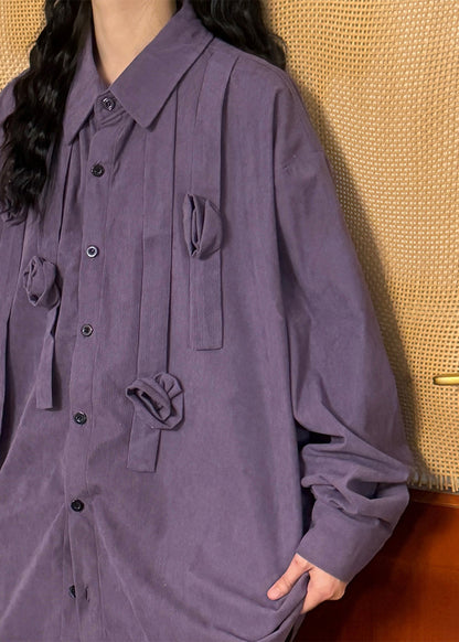 Floral Purple Peter Pan Collar Button Solid Cotton Blouses Spring
