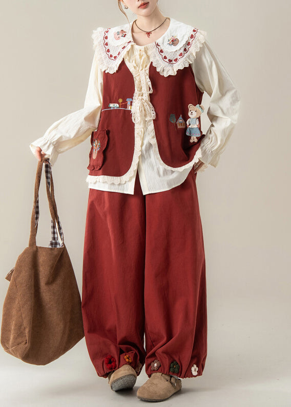 Dreiteiliges Set aus Baumwolle mit rotem Peter-Pan-Kragen, floralem Spitzen-Patchwork und rotem Blumenmuster, Frühling