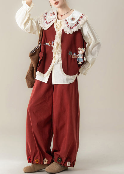 Dreiteiliges Set aus Baumwolle mit rotem Peter-Pan-Kragen, floralem Spitzen-Patchwork und rotem Blumenmuster, Frühling