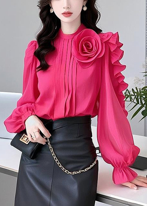 Floral Rose Ruffled Solid Cotton Blouses Spring