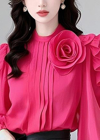 Floral Rose Ruffled Solid Cotton Blouses Spring