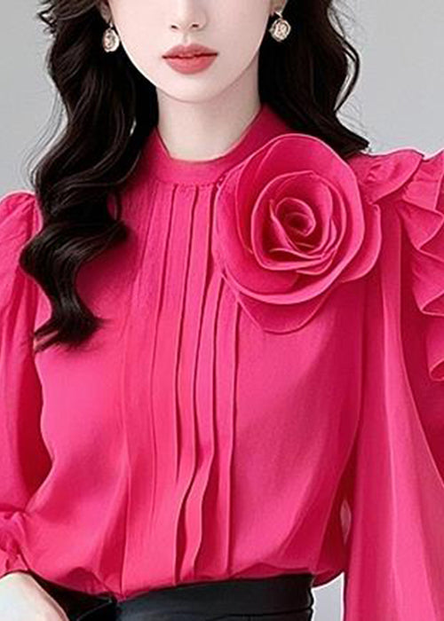 Floral Rose Ruffled Solid Cotton Blouses Spring