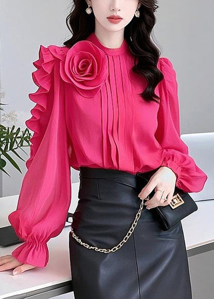 Floral Rose Ruffled Solid Cotton Blouses Spring