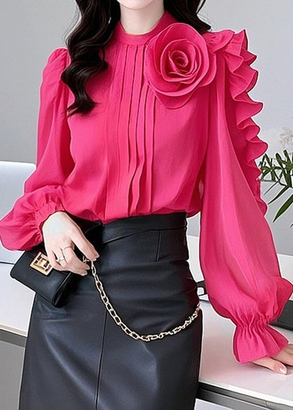 Floral Rose Ruffled Solid Cotton Blouses Spring