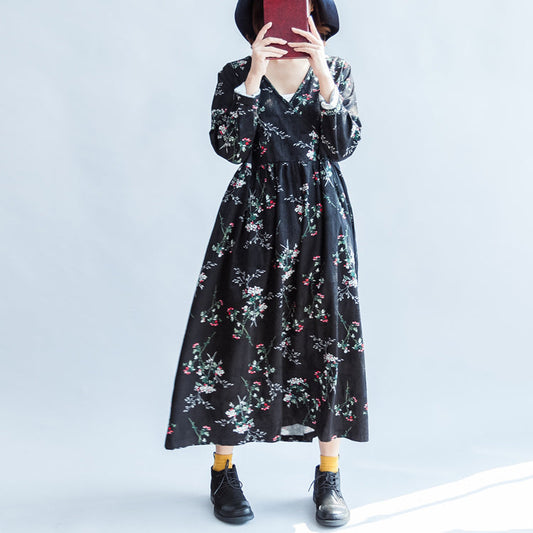 Blumen V-Ausschnitt Frühlingskleider Baumwollkleid Plus Size Kaftankleid