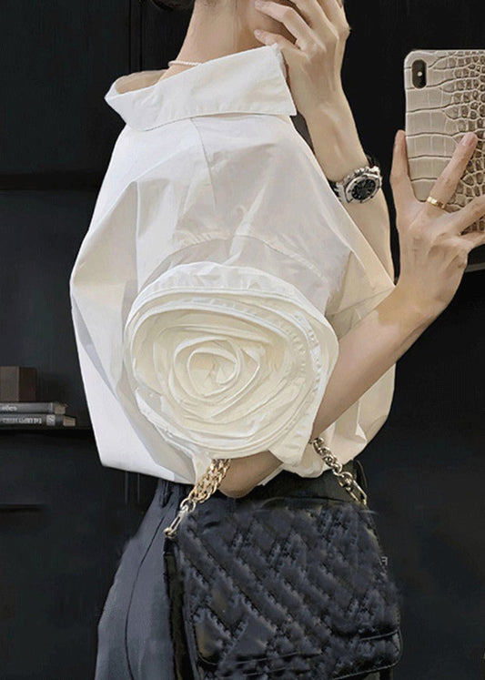 Floral Weiß Peter Pan Kragen Solide Baumwolle Shirts Sommer