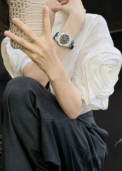 Floral Weiß Peter Pan Kragen Solide Baumwolle Shirts Sommer