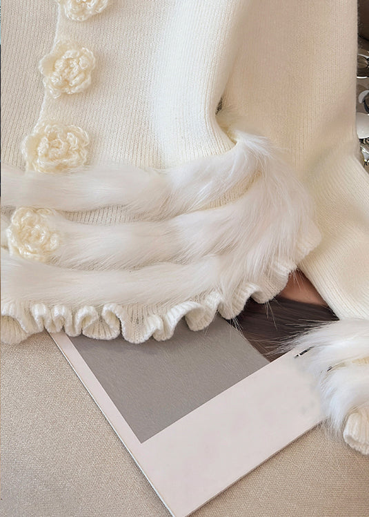 Weiße, kuschelige Patchwork-Strickpullover mit Blumenmuster und Rüschen