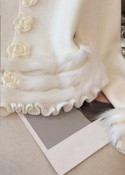 Weiße, kuschelige Patchwork-Strickpullover mit Blumenmuster und Rüschen