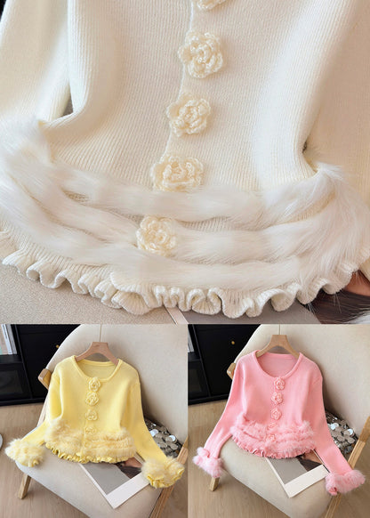 Weiße, kuschelige Patchwork-Strickpullover mit Blumenmuster und Rüschen