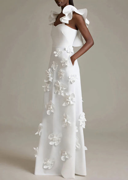 Floral White Ruffled Pockets Cotton Party Dress Sleeveless