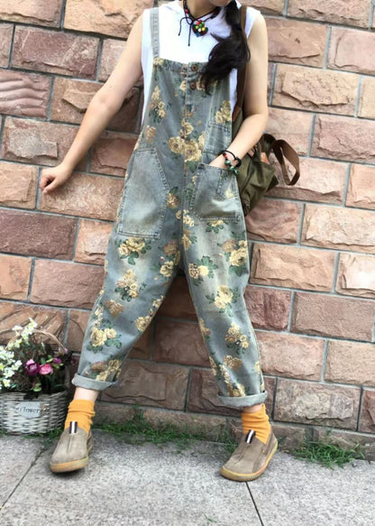 Lässiger Jumpsuit aus Denim-Baumwolle mit Blumenmuster in Übergröße