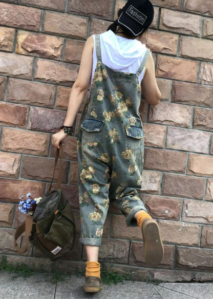 Lässiger Jumpsuit aus Denim-Baumwolle mit Blumenmuster in Übergröße