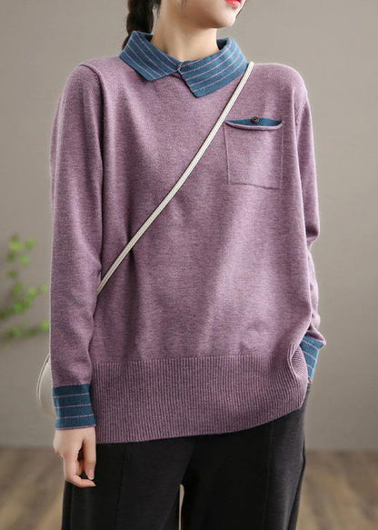 For Spring  Black Knit Tops Clothing Lapel Patchwork Sweater Tops - SooLinen