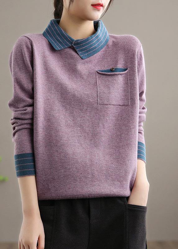 For Spring  Black Knit Tops Clothing Lapel Patchwork Sweater Tops - SooLinen