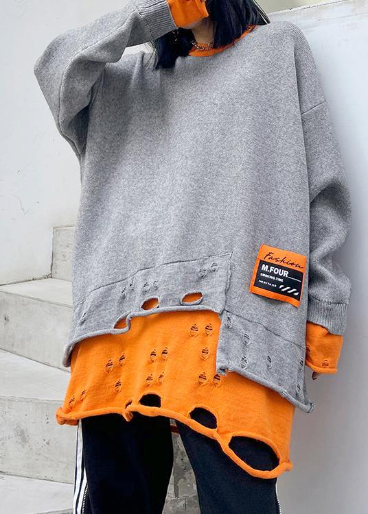 For Spring Gray Sweater Tops O Neck Hole Fashion Knitted Blouse - SooLinen