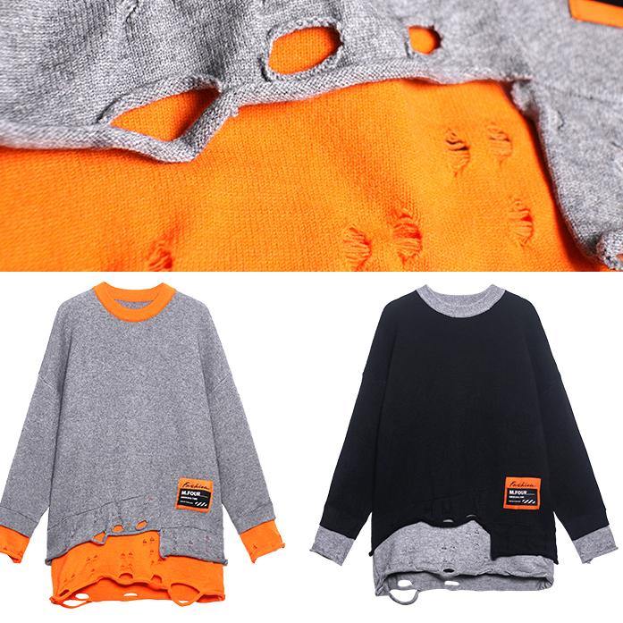 For Spring Gray Sweater Tops O Neck Hole Fashion Knitted Blouse - SooLinen