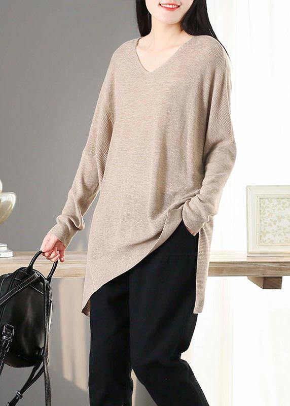 For Spring Nude Clothes V Neck Asymmetric Knit Tops - SooLinen