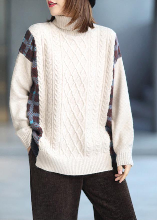 For Spring Spring White Sweaters Loose Fitting High Neck Patchwork Tops - SooLinen