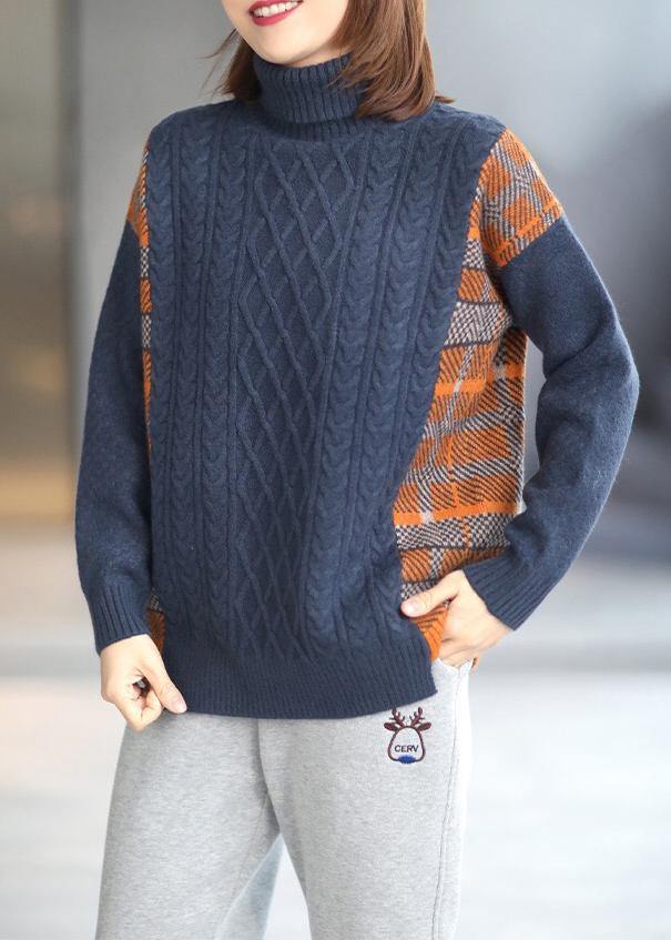 For Spring Spring White Sweaters Loose Fitting High Neck Patchwork Tops - SooLinen