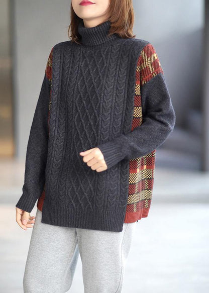 For Spring Spring White Sweaters Loose Fitting High Neck Patchwork Tops - SooLinen